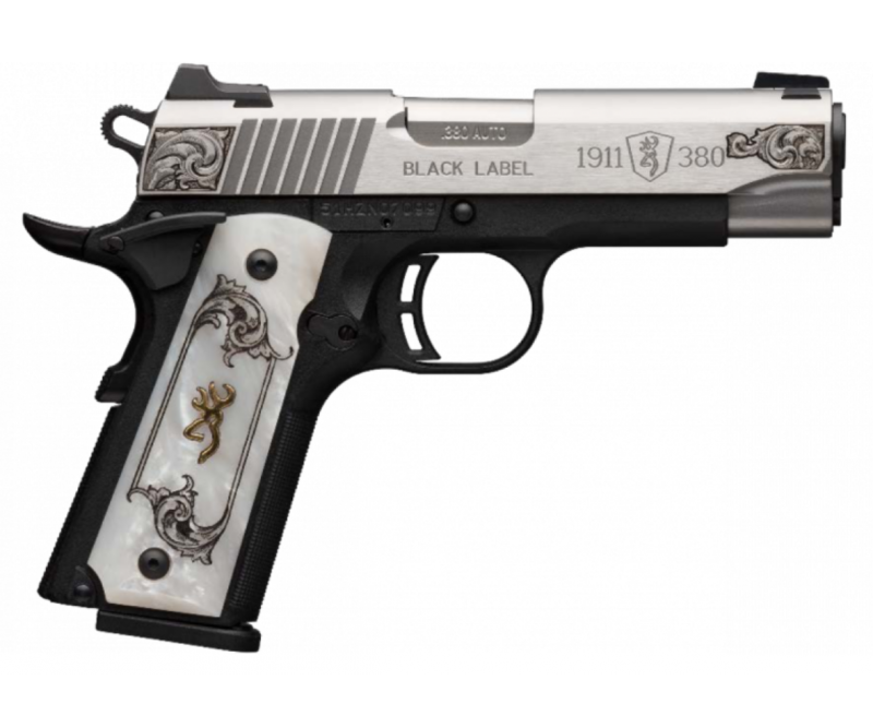 Browning 1911 380 ACP 3.62″ Barrel 8 Rounds White Pearl S/S Engraved FS
