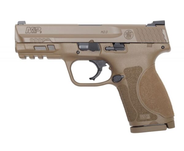 Smith and Wesson M&P9 M2.0 Compact 9mm 4″ Barrel 15 RDs Steel White Dot Sights No Thumb Safety Flat Dark Earth