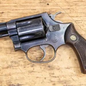 Smith & Wesson Model 36 38 Special Blued Revolver with Wood Diamond