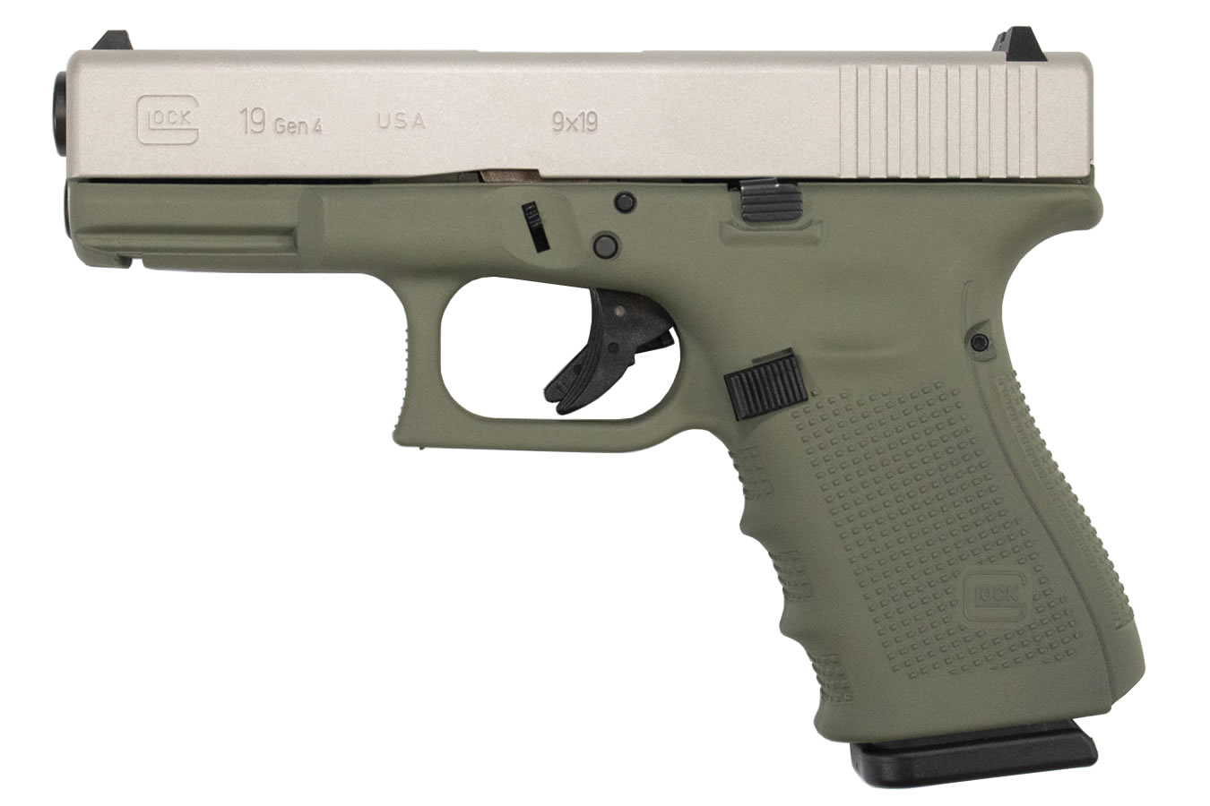 19 Gen4 9mm 15-Round Pistol with Forest Green Frame and Shimmering Cerakote Alum