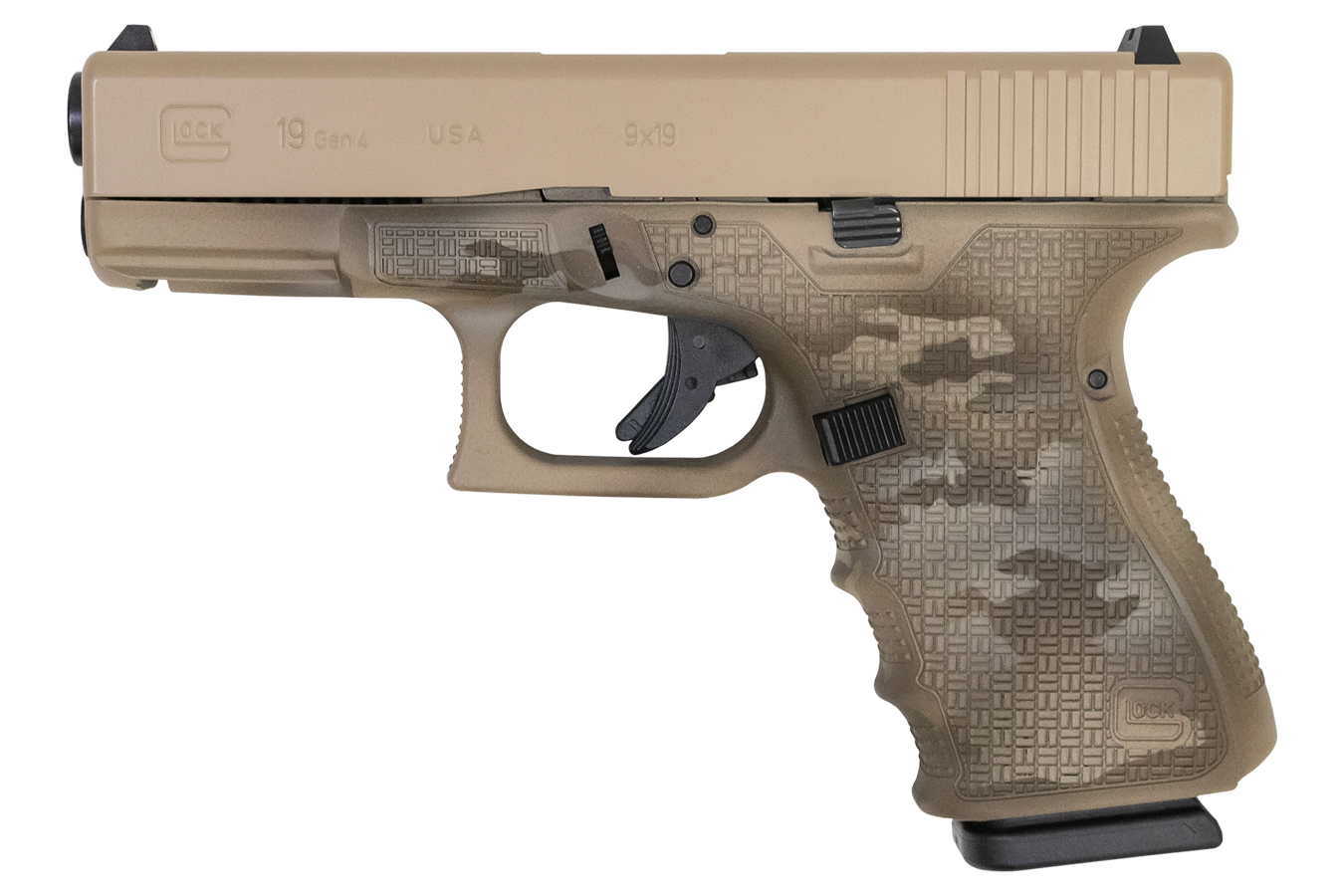 19 Gen4 9mm Apollo Custom Pistol with Desert Multi-Cam Cerakote and Stippled Fra