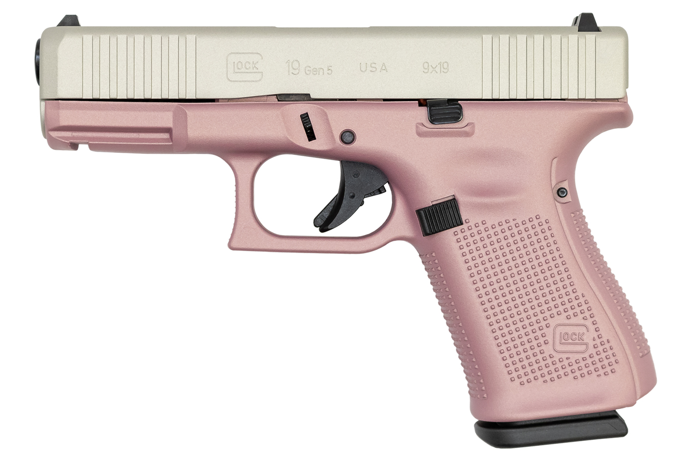 19 Gen5 9mm Pistol with Cerakote Pink Champagne Frame and Shimmering Aluminum Ce