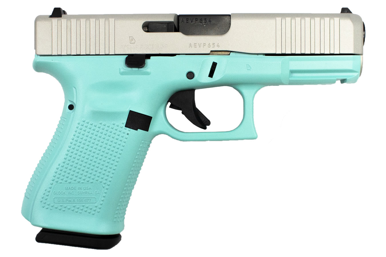 19 Gen5 9mm Pistol with Robins Egg Blue Cerakote Finish and Shimmering Aluminum