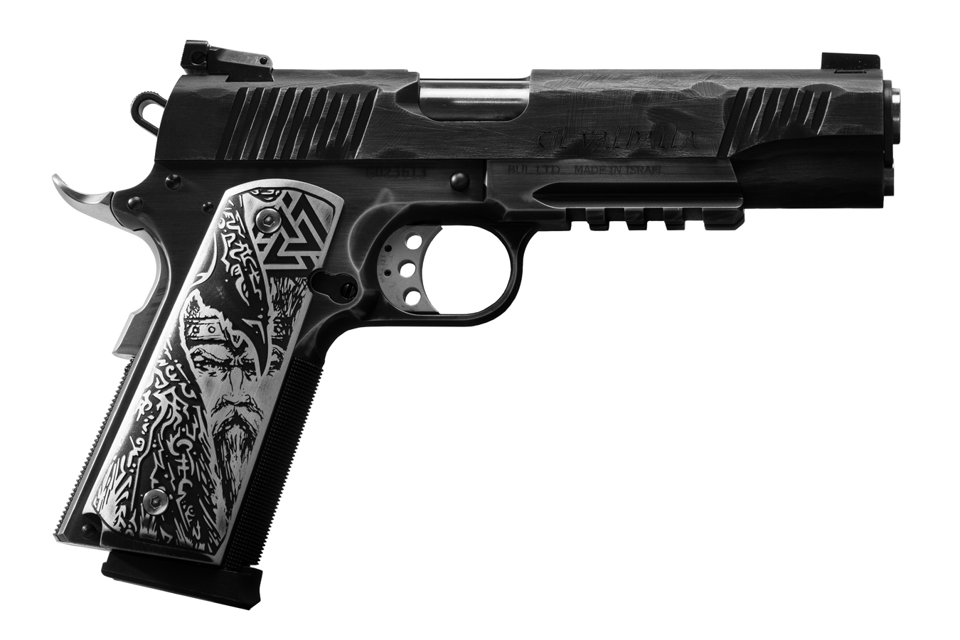 1911 45 ACP Custom Engraved Viking with Hammer Finished Slide