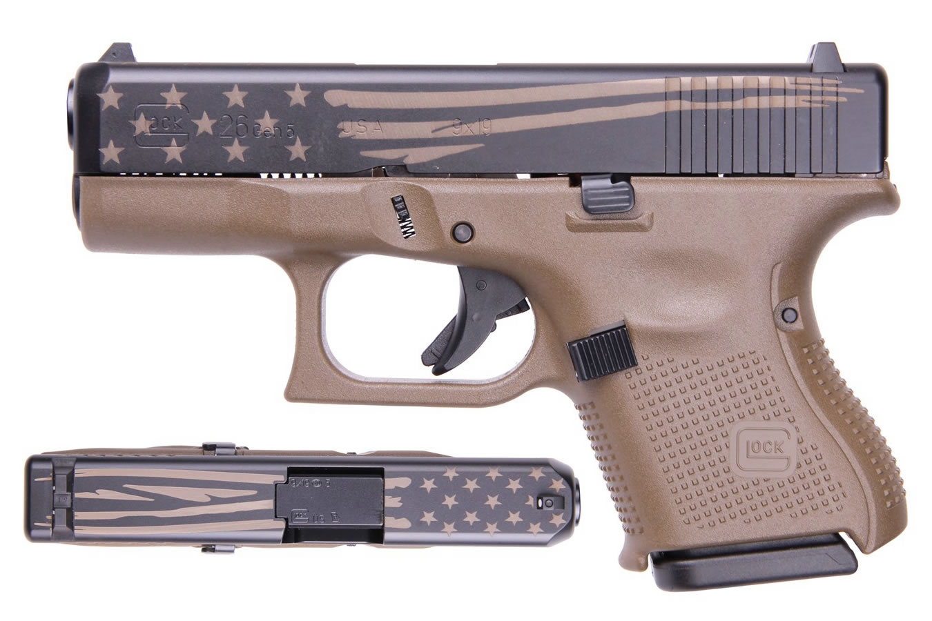 26 Gen5 9mm Carry Conceal Pistol with FDE Frame and Laser Engraved Distressed Fl