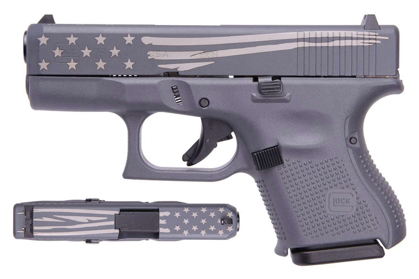 26 Gen5 9mm Carry Conceal Pistol with Gray Finish and Laser Engraved Distressed Flag