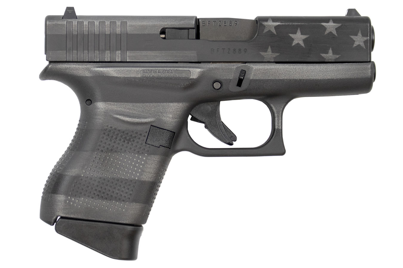 43 9mm Black and Gray Single Stack Pistol with American Flag Slide