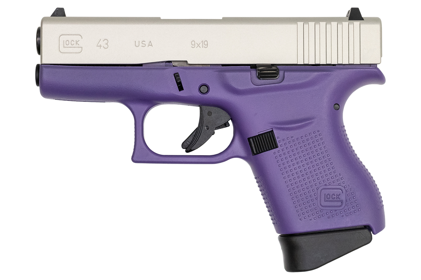 43 9mm Carry Conceal Pistol with Cerakote Purple Grip Frame and Shimmering Aluminum Slide