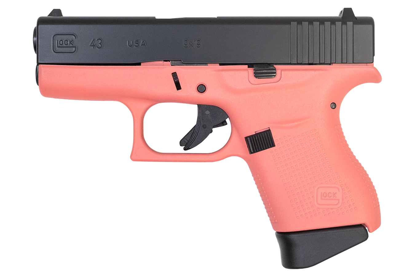 43 9mm Single Stack Pistol with Coral Cerakote Frame and Elite Black Cerakote Sl