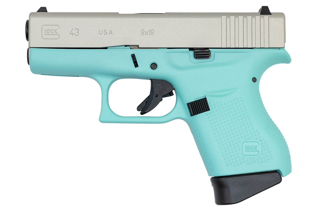 43 9mm Single Stack Pistol with Robins Egg Blue Cerakote Frame and Aluminum Cerakote Slide