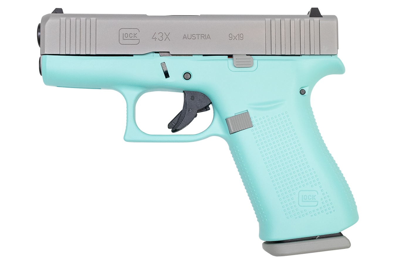 43X 9mm 10-Round Pistol with Robin Egg Blue Frame and Silver PVD Slide