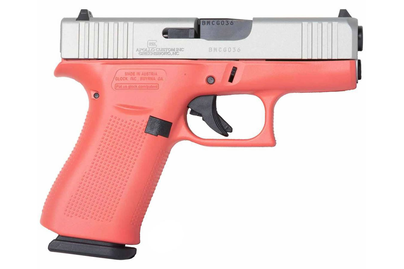 43x 9mm Pistol with Cerakote Coral Frame and Shimmering Aluminum Slide