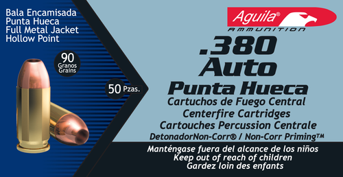 Aguila Ammunition 380 ACP, 90gr, Jacketed Hollow Point, 50Bx/20Cs