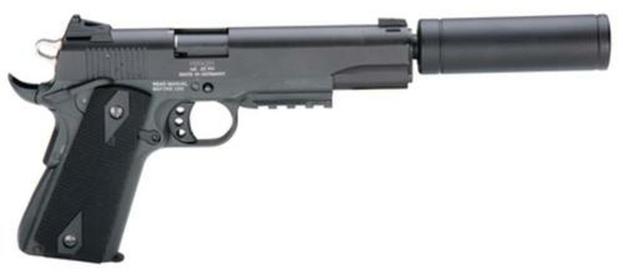 American Tactical, 1911, Semi-automatic, 22 LR, 5″ Barrel, Blued, Polymer Grips, 10Rd, Threaded, Faux Suppressor