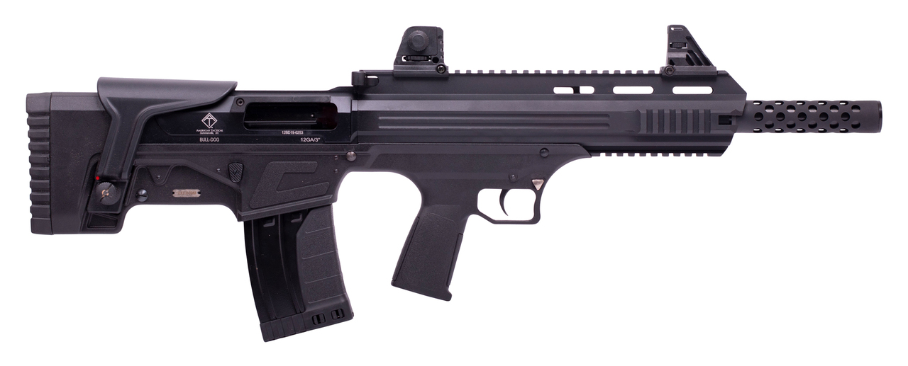 American Tactical, Bulldog, Semi-automatic Shotgun, Bullpup, 12 Ga 3″, 18.5″ Barrel, Iron Sights, AR Style Charging Handle, 3-Piece Choke Tube Set, Adjustable Cheek Rest, Picatinny & M-Lok Rail, 5Rd, Black