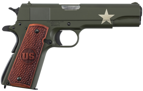 Auto-Ordnance 1911 Tanker 45 ACP, 5″ Barrel, Olive Drab Green with Sherman Tank Star, Checkered US Engraved Wood Grip, 7rd