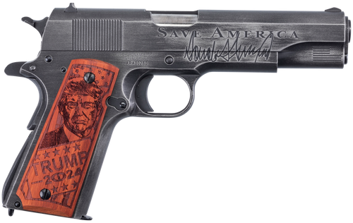 Auto-Ordnance 1911 “Trump Save America” 45 ACP, 5″ Barrel, Custom Engraved Wood Grip, 7rd