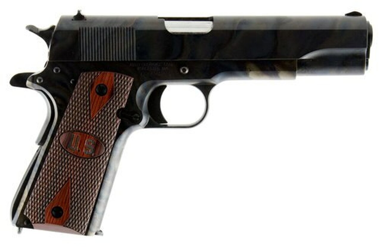 Auto-Ordnance 1911A1, 45 ACP, 5″, 7rd, Checkered Wood Grips, US Logo, Case Hardened