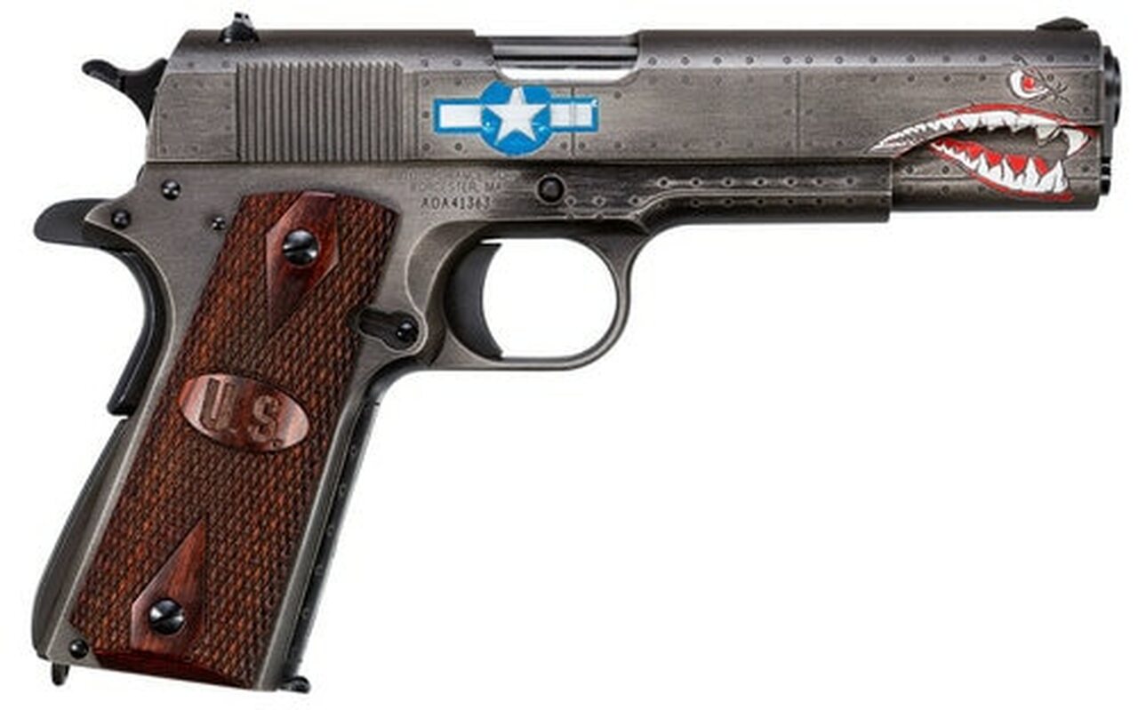 Auto Ordnance Squadron Special Edition WW2 1911 45 ACP, 5″ Barrel, Black/Gray Cerakote, Wood Grips, US Logo, Adj Rear Sight, Custom Engraved to Resemble a WW2 Fighter Plane, 7rd