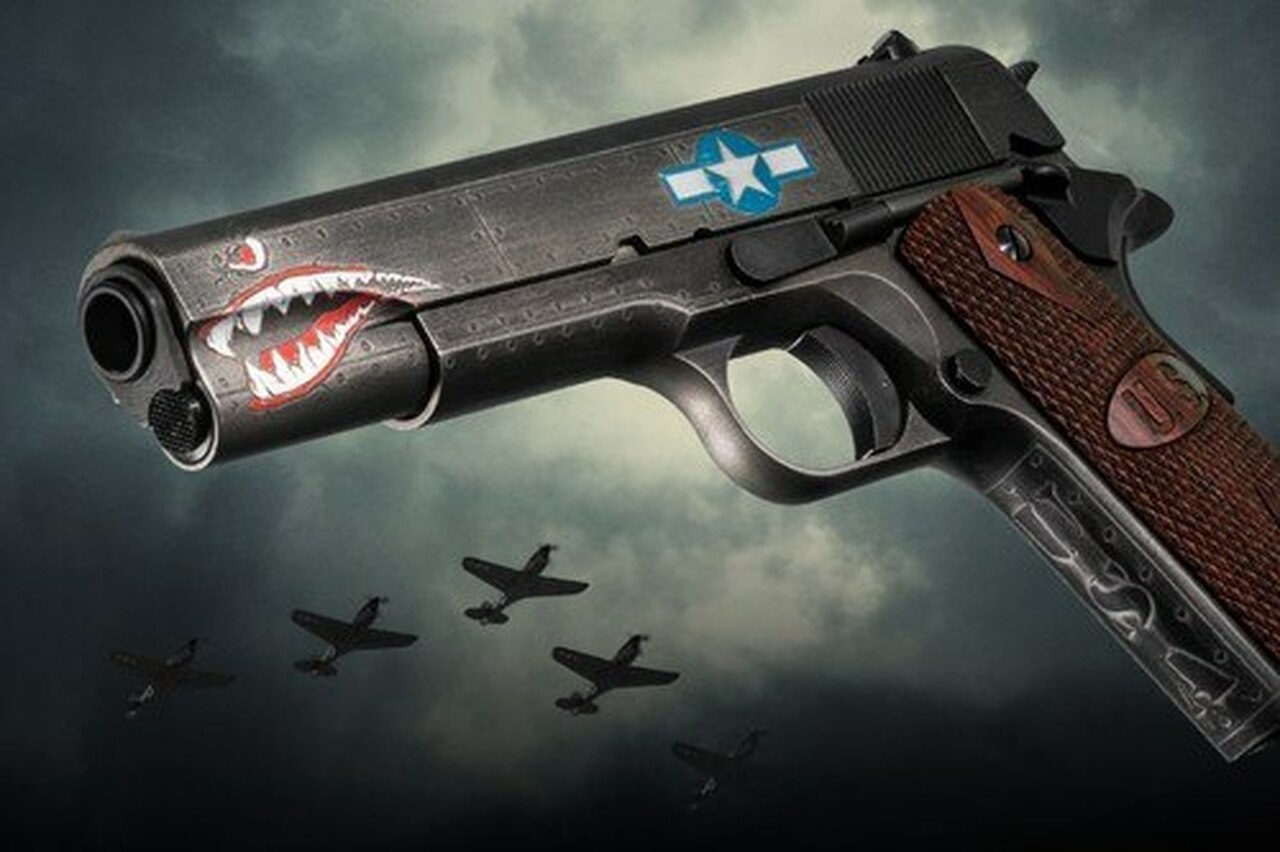 Auto Ordnance Squadron Special Edition WW2 1911 45 ACP, 5″ Barrel, Black/Gray Cerakote, Wood Grips, US Logo, Adj Rear Sight, Custom Engraved to Resemble a WW2 Fighter Plane, 7rd