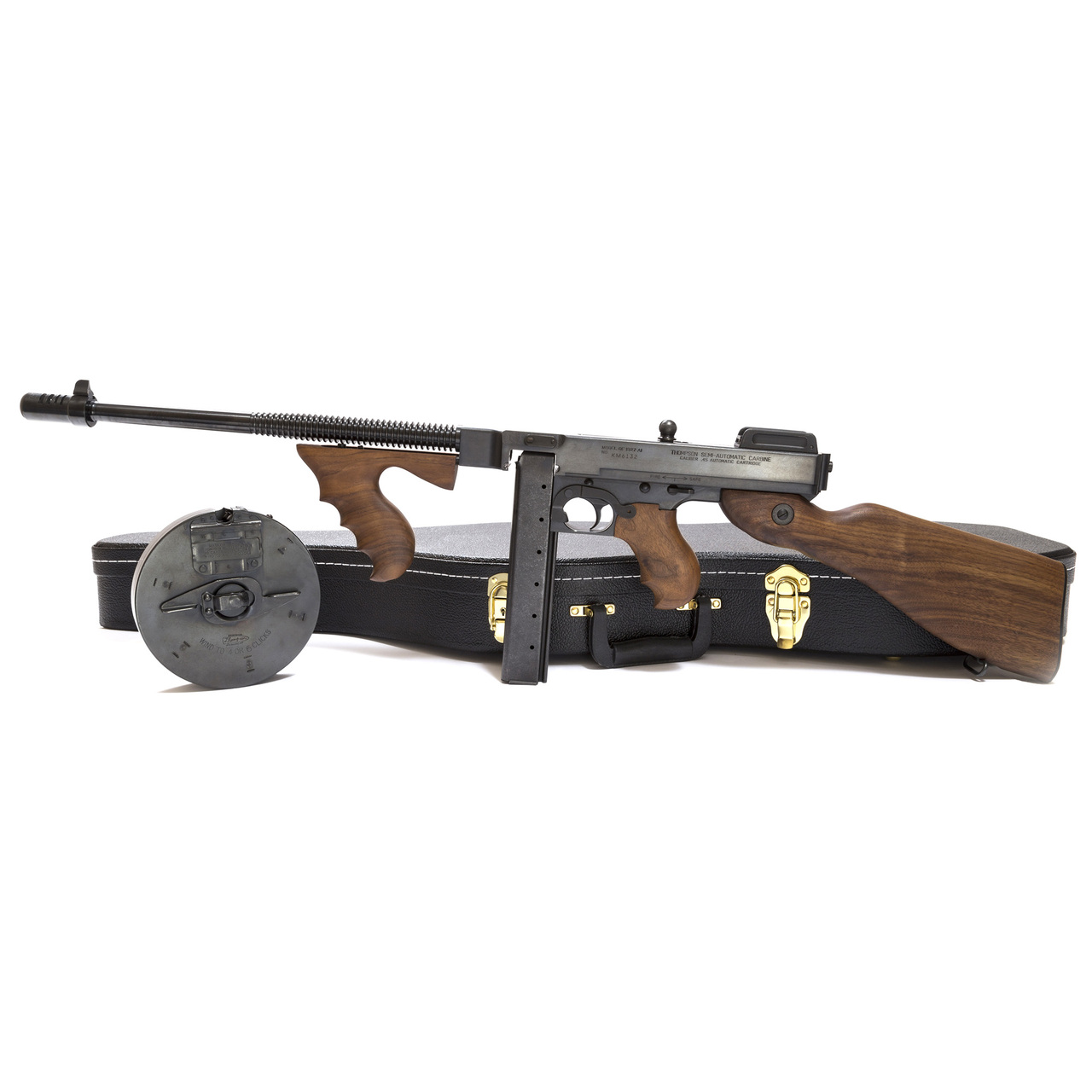 Auto Ordnance Thompson Model 1927-A1 Deluxe 45 ACP, 16.5″ Barrel, Blued, Walnut Stock, 50rd Drum, 20rd Stick Mags, Violin Case