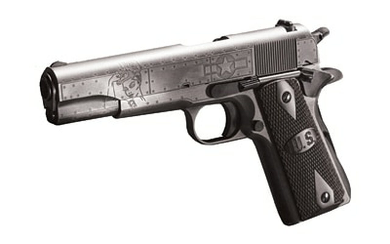 Auto Ordnance, Victory Girls 1911, Full Size Pistol, 45 ACP, 5″ Barrel, Steel Frame, Checkered Wood Grips with U.S. Logo, 7Rd, Armor Black and Gunmetal Gray Cerakote Finish