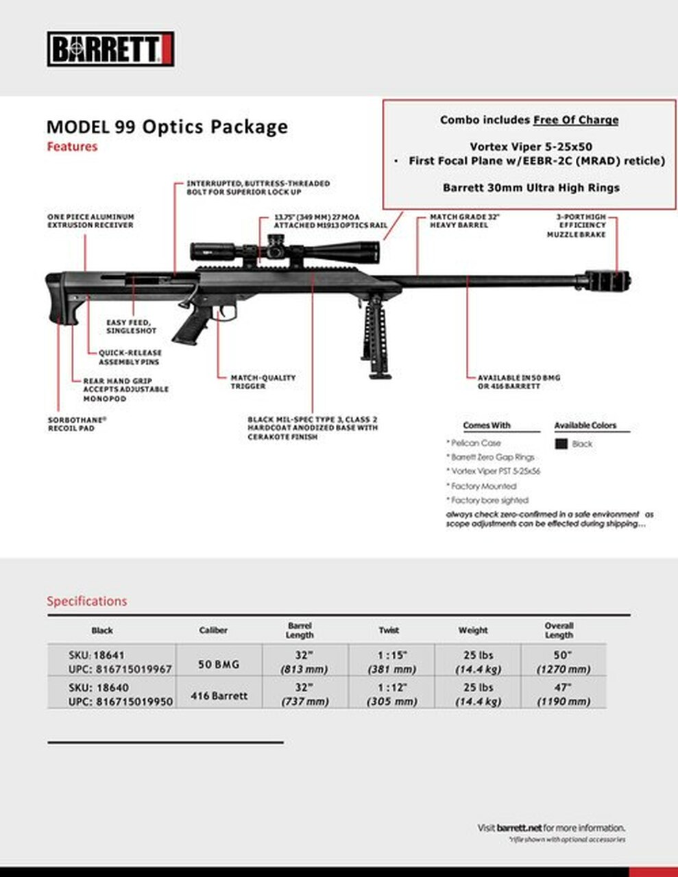 Barrett M99 with Vortex Scope, 50 BMG, 32″ Barrel, Fixed Black Stock, Black Hardcoat Anodized, 1rd