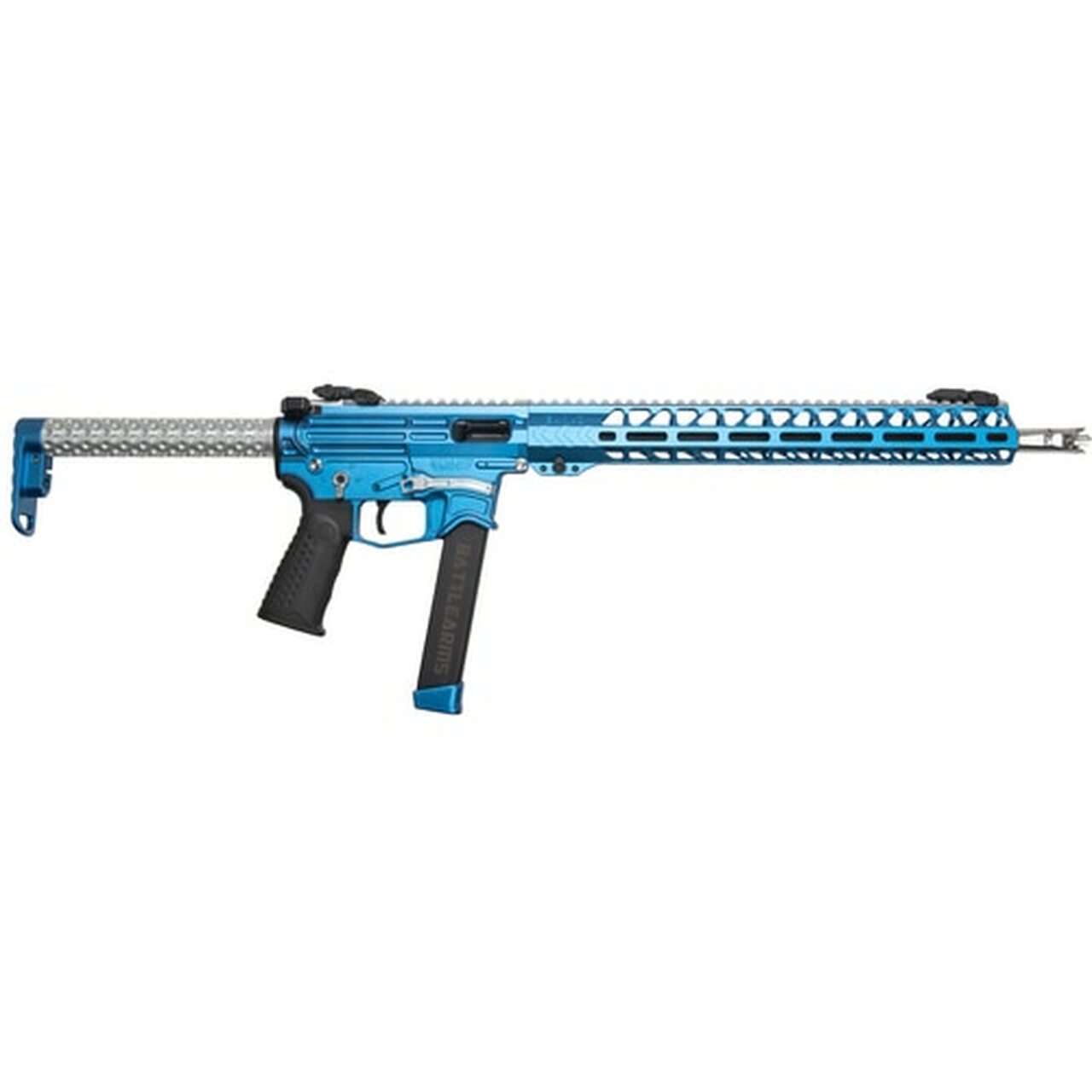 Battle Arms Development PCC Rifle 9MM 16″ Barrel, Sonic Blue/Silver Finish, 15″ M-Lok Handguard, 33rd Glock Mag