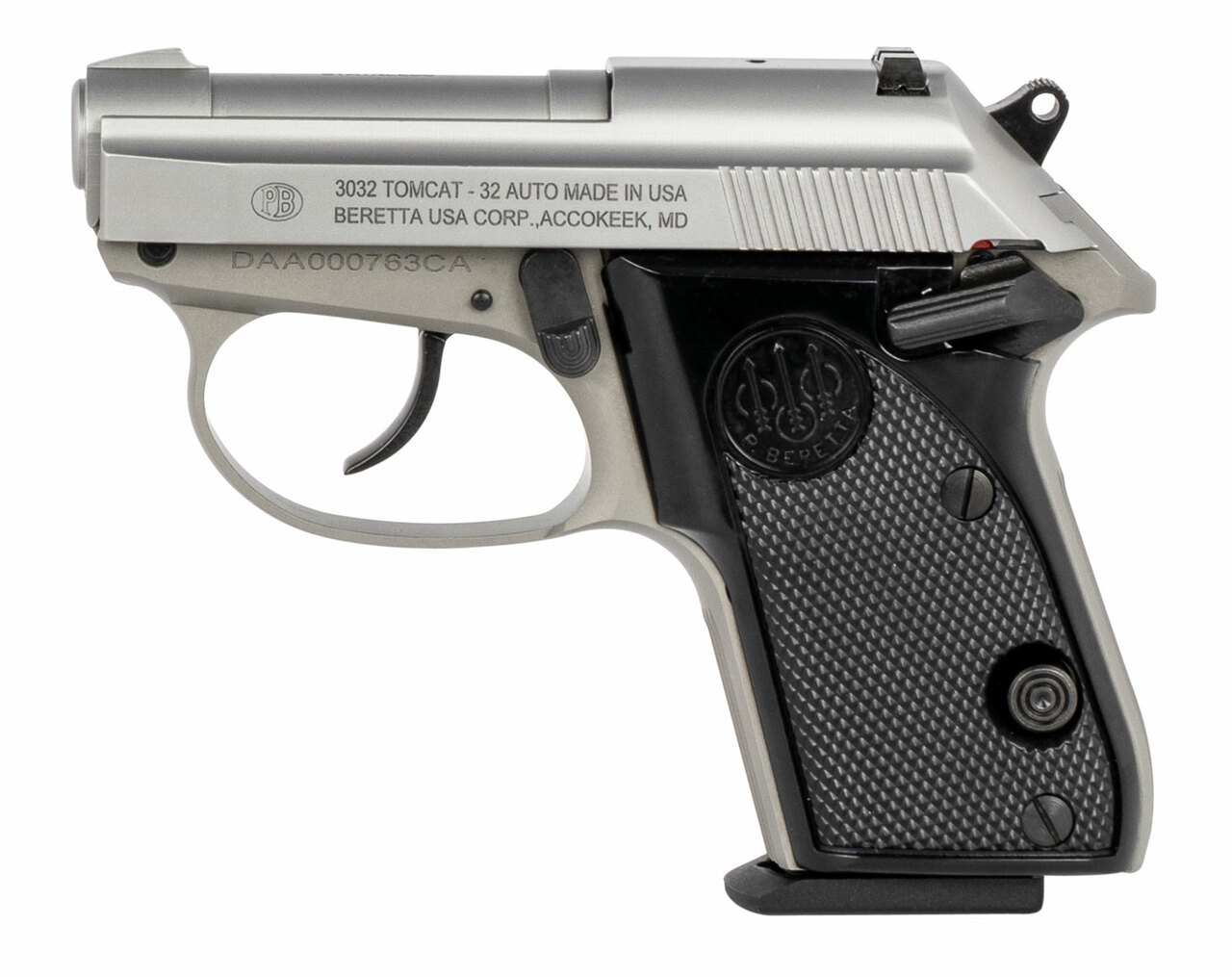Beretta 3032 Tomcat Inox (CA Compliant) .32 ACP 2.4″ Barrel, Black Grips, 7 Rd Mag