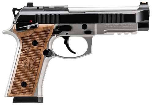 Beretta 92GTS Launch Edition 9mm, 4.7″ Barrel, Silver Frame, Black Slide, Hogue Wood Grip, 10rd