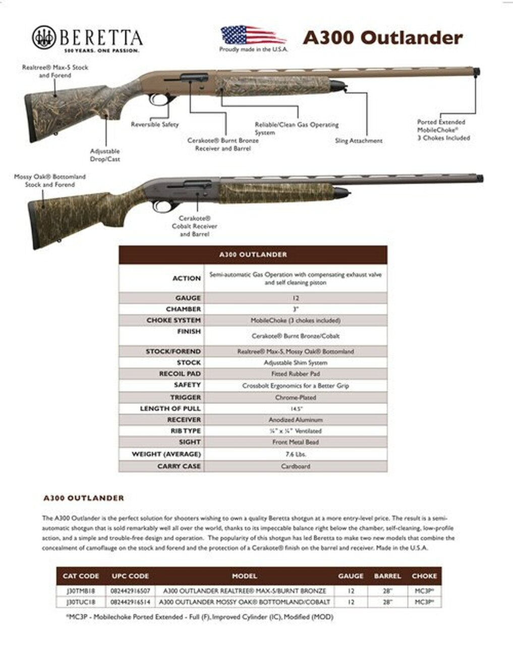 Beretta A300 Outlander 12 Ga, 28″ Barrel, MOBL/CBL