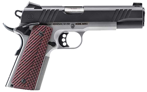Bersa B1911 45 ACP, 5″ Barrel, Black Slide, Stainless Frame, Red VZ Grip, 8rd