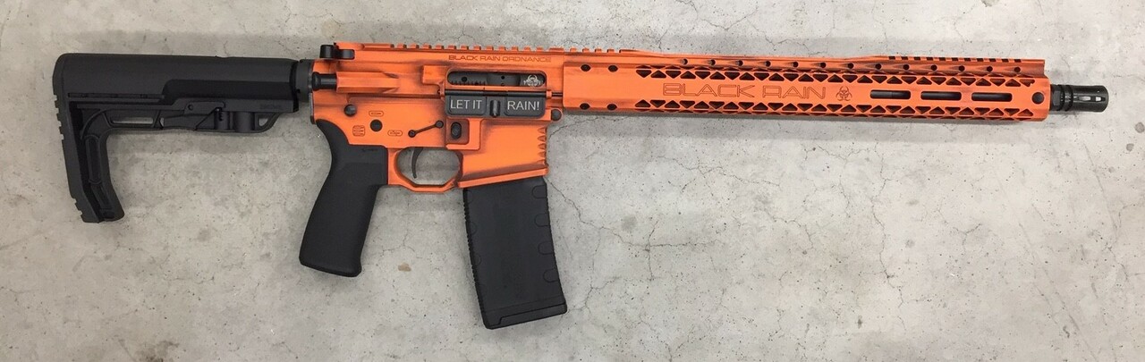 Black Rain Outbreak AR-15 Billett Special Edition 5.56/223 16″ Barrel, Orange Battleworn Cerakote, 15″ Slim Rail 30rd Mag