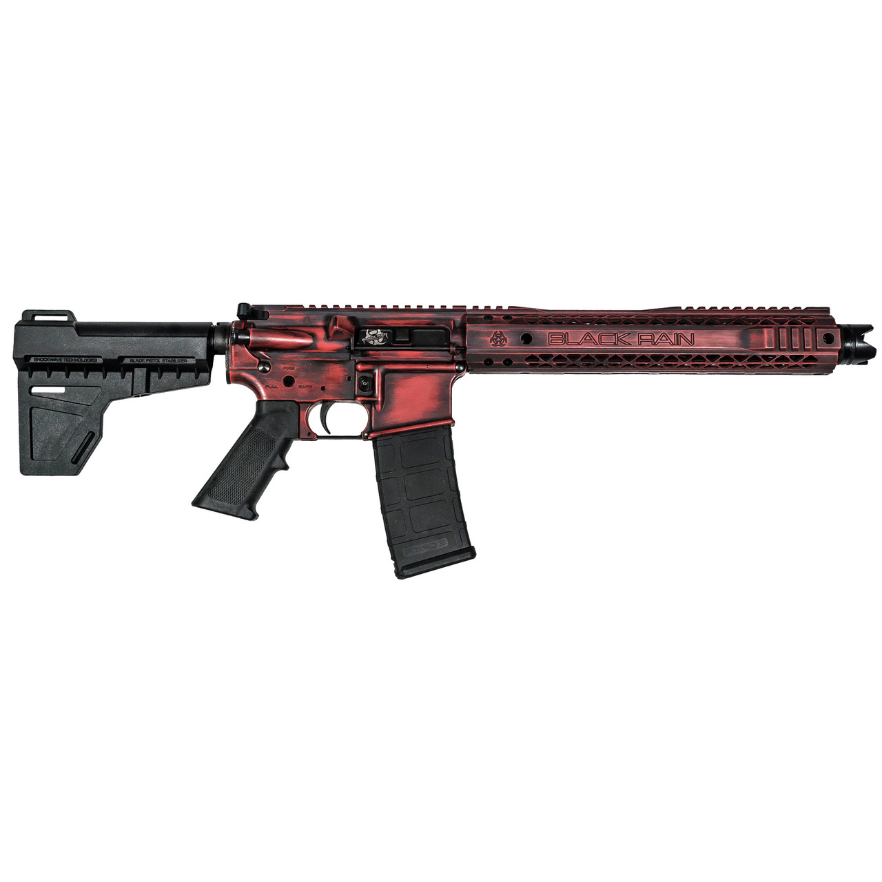 Black Rain SPEC15 Pistol, 556, 10.5″ Barrel, Dead Red Finish, Shockwave Blade, BRO MFR Master Key, 30rd Mag