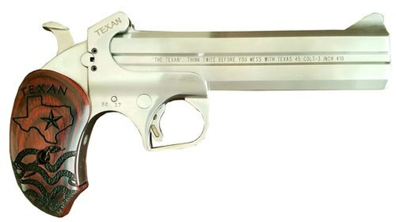 Bond Arms, The Texan, Derringer, 410 Ga 3″/45 Long Colt, 6″ Barrel, Stainless Steel, With Trigger Guard, Fixed Sights, Rosewood Grips, 2Rd