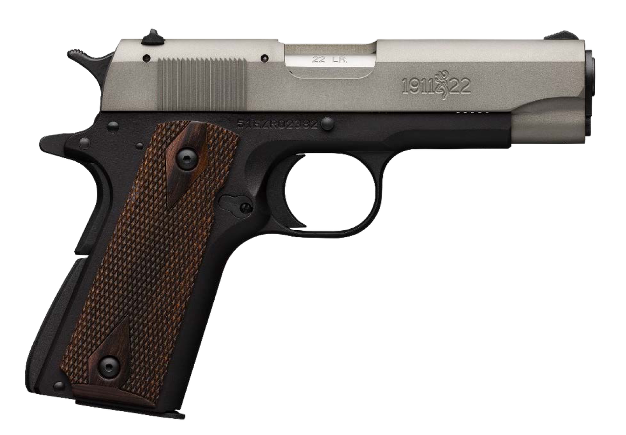Browning, 1911-22 A1, Semi-automatic, 1911, Compact, 22 LR, 3.63″ Barrel, Black Aluminum Frame, Gray Anodized Slide, Right Hand, Walnut Grips, 10Rd