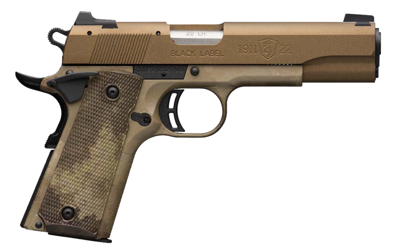 Browning, 1911-22, Black Label Speed, Semi-automatic, Full Size, 22 LR, 4.25″ Barrel, Burnt Bronze Color, Cerakote Finish, Polymer Frame, Right Hand, A-TACS AU Camo Composite Grips, Ambidextrous Thumb Safety, White 3 Dot Sights, 10Rd