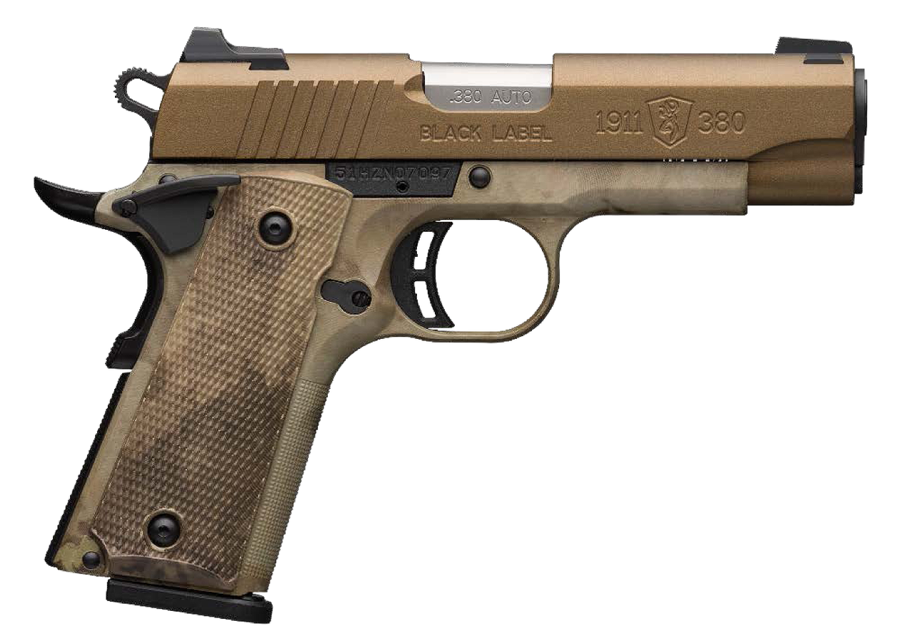 Browning, 1911-380, Black Label Speed, Semi-automatic, Full Size, 380 ACP, 4.25″ Barrel, Burnt Bronze Color, Cerakote Finish, Polymer Frame, Right Hand, A-TACS AU Camo Composite Grips, Ambidextrous Thumb Safety, White 3 Dot Sights, 8Rd