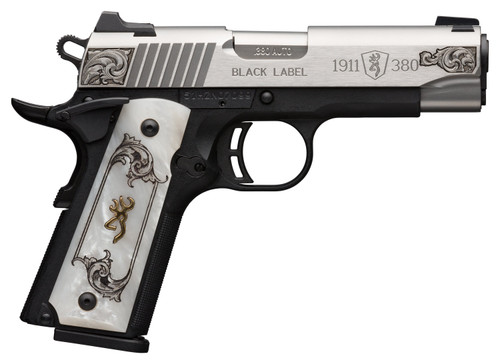 Browning 1911-380, Medallion 380 ACP, 3.63″ Barrel, Buckmark Imitation Pearl Grip, Black Frame, Stainless Steel Slide, 8rd