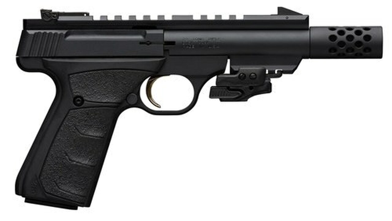 Browning, Buck Mark Black Label, Semi-automatic, 22 LR, 4.4″ Barrel, Threaded, Compensator, Aluminum Frame, Black Color, Matte Finish, UFX Grip, Thumb Safety, Blade Front/Adjustable Rear Sights, 10Rd, 2 Magazines, Includes Crimson Trace Laser