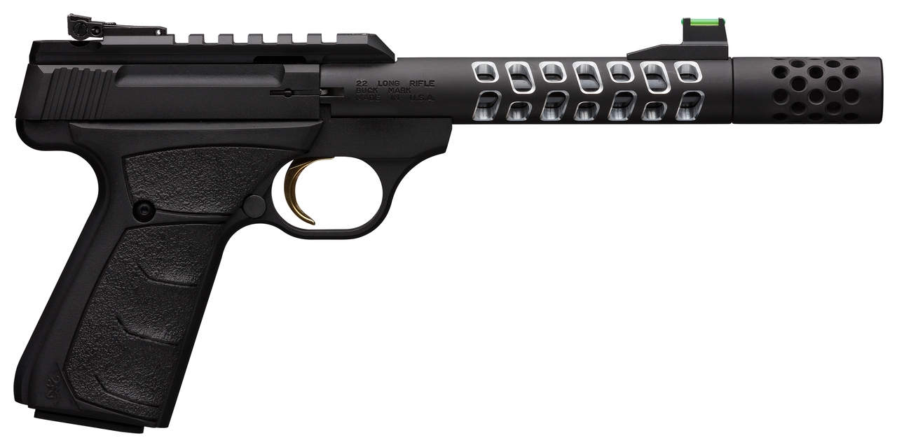 Browning, Buck Mark Vision, Semi-automatic, 22 LR, 5.875″ Barrel, Threaded 1/2-28, Includes Muzzle Brake, Black Color, Anodized Finish, URX Rubber Grip, Thumb Safety, Right Hand, Adjustable Rear & Fiber Optic Front Sights, 10Rd, 2 Magazines