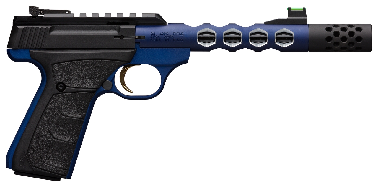 Browning, Buck Mark Vision, Semi-automatic, 22 LR, 5.875″ Barrel, Threaded 1/2-28, Includes Muzzle Brake, Blue Color, Anodized Finish, URX Rubber Grip, Thumb Safety Right Hand, Adjustable Rear & Fiber Optic Front Sights, 10Rd, 2 Magazines