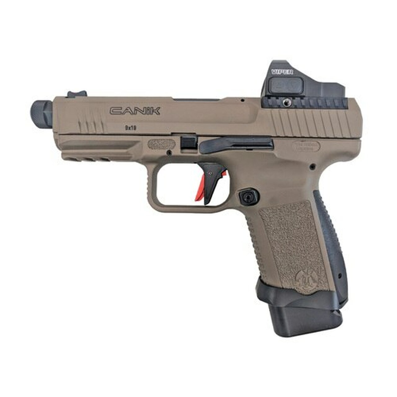 Canik TP9SF Combat 9mm, 4.78″ Threaded Barrel, Mag Well, FDE, Vortex Viper, 15rnd Mags