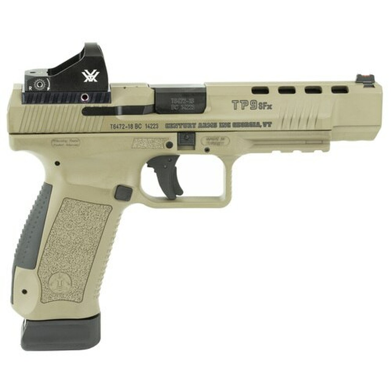 Canik TP9SFx 9mm, 5.2″ Barrel, Flat Dark Earth, 2- 20rd Mags, Vortex Red Dot