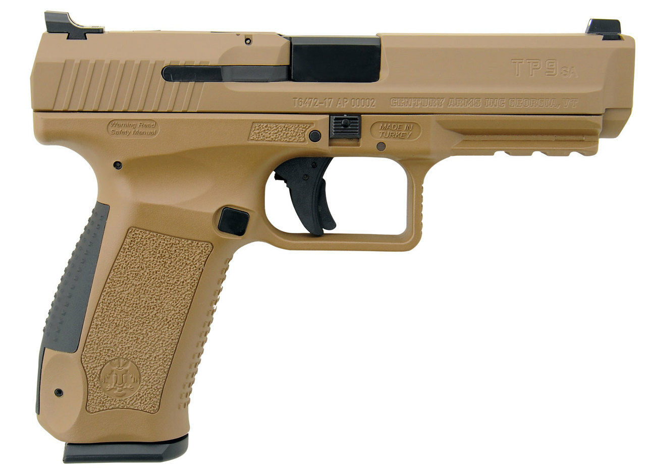 Century CanikTP9SA Mod.2 Single 9mm Luger 4.46″ Barrel Desert Tan Interchangeable Grip 18rd Mag