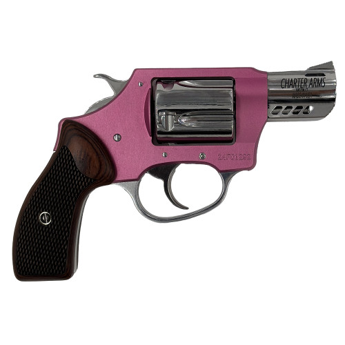 Charter Arms Coyote 380 ACP, 2″ Ported Barrel, Pink and Silver, Rosewood Checkered Grip, 5rd