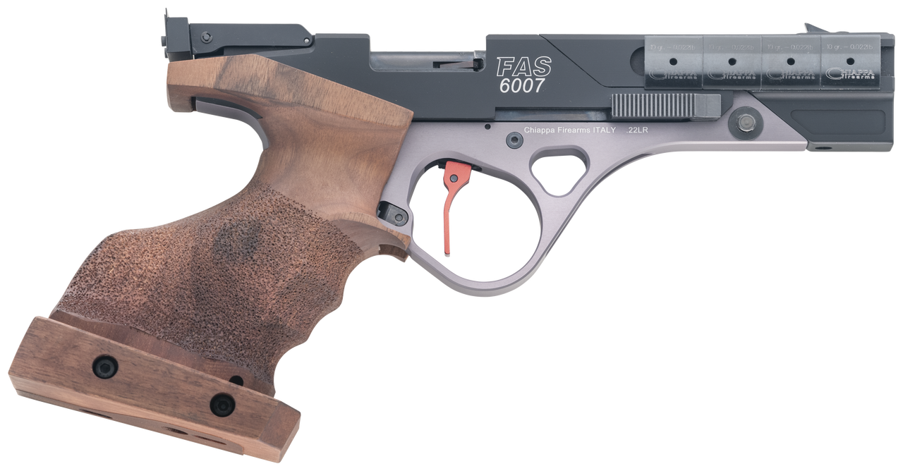 Chiappa FAS 6007 22 LR 5.63″ Barrel, Black Anodized Aluminum Right Handed Adjustable Match Walnut Grip, 5rd Mag