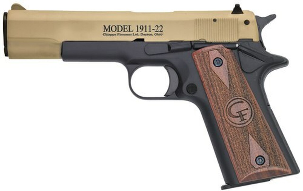 Chiappa Firearms 1911, 22LR, 5″ Barrel, 10rd, Hogue Rubber Grip, Tan Slide