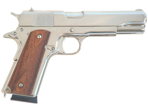 Cimarron 1911 45 ACP, 5″ Barrel, Polished Nickle Finish, Wood Grips, 8rd