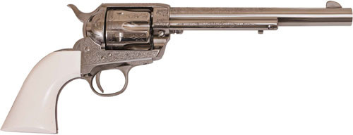 Cimarron Frontier 357 Magnum/38 Special, 7.5″ Barrel, Engraved Nickel, Ivory Grip, 6rd
